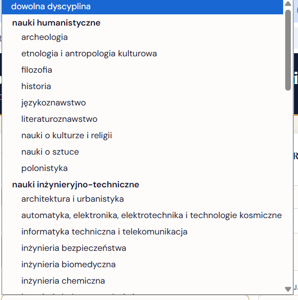 wybór dyscyplin MNiSW